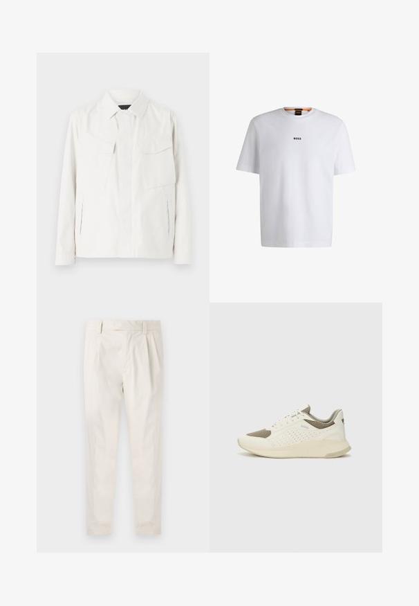 Witte lichtgewicht shirtjack met een kraag, twee voorpatchzakken, zijsplitten en knoopsluitingen. Gladde stoftextuur.; Witte katoenen T-shirt met korte mouwen, voorzien van een zwart "BOSS"-logo in het midden van de borst en een ronde halsontwerp.; Witte, geplooide broeken met een getailleerde pasvorm, met een gladde textuur, riemlussen en taps toelopende benen. Geen zichtbare zakken of patronen.; Witte en lichtbeige sport sneaker, met een bovenwerk van mesh, geperforeerde details en een gestructureerde tussenzool met branding op de hiel.