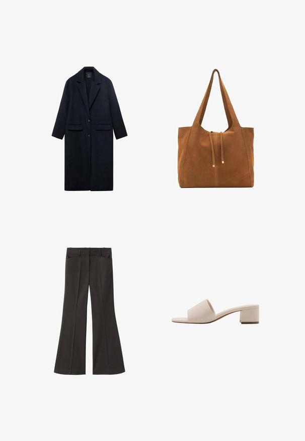 Merenneito villakangas takki, jossa on lovettu kaulus, kaksi etutaskua, nappikiinnitys ja suora siluetti. Teksturoitu kangas, jossa on sileä pinta.; Pehmeä beige pitkähihainen pyöreäkauluksinen villapaita, jossa on ribbireunat manseteissa, helmassa ja kaula-aukoossa, esitetty tasaisena valkoista taustaa vasten.; Mustat vyötäröltä korkealla loistavat housut; niissä on kaksi etutaskua ja sileä kangaspinta. Sopii eri tilaisuuksiin.; Beige saappa puolipohjalla, jossa on leveä hihna ja avoin varvas. Tasainen materiaali ja tyylikäs muotoilu. Lyhyt ja tukeva korko vakauden takaamiseksi.; Ruskea nubuk-olkalaukku, jossa on kaksi pitkää hihnaa, naru- ja minimalinen sulkemismekanismi. Tasainen pinta ja ei näkyviä metalliosia.