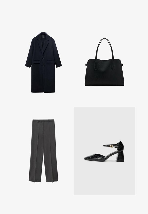 Cappotto di lana navy con colletto a punta, due tasche frontali, chiusura a un bottone e silhouette dritta. Tessuto strutturato con finitura liscia.; Maglione nero lavorato a maglia con scollatura a girocollo a coste, maniche lunghe e orlo dritto. Texture morbida, design minimalista e stile versatile.; Pantaloni a gamba larga grigi con una superficie liscia, fronte plissettato e passanti per cintura. Realizzati in un tessuto leggero e tessuto.; Scarpa nera in vernice con tacco alto, punta affusolata, cinturino alla caviglia e motivo testurizzato a coccodrillo. Design con tacco quadrato.; Borsa a mano in pelle nera con doppio manico, forma rettangolare e design minimalista su sfondo bianco.