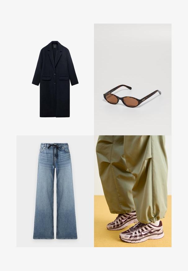 Marineblauwe wollen jas met een geknipte kraag, twee voorzakken, een enkele knoopsluiting en een rechte silhout. Gelaagd stof met een gladde afwerking.; Lichtgrijze, geribbelde pullovertrui met een hoge kraag en een rits tot de helft van de hals. Het heeft lange mouwen en een getailleerd ontwerp.; Lichtblauwe denim jeans met wijde benen en een vervaagde structuur. Voorzien van een verstelbare tailleband met een zwarte trekkoord en traditionele zakken.; Atletische sneakers met een grijs en donkerpaars ontwerp, voorzien van een bovenwerk van mesh, ondersteunende banden en een rubberen zool, gecombineerd met losse groene broek.; Schildpad ovale zonnebril met bruine lenzen, gekanteld om het "QUAY" logo op de rechter poot tegen een effen achtergrond te laten zien.