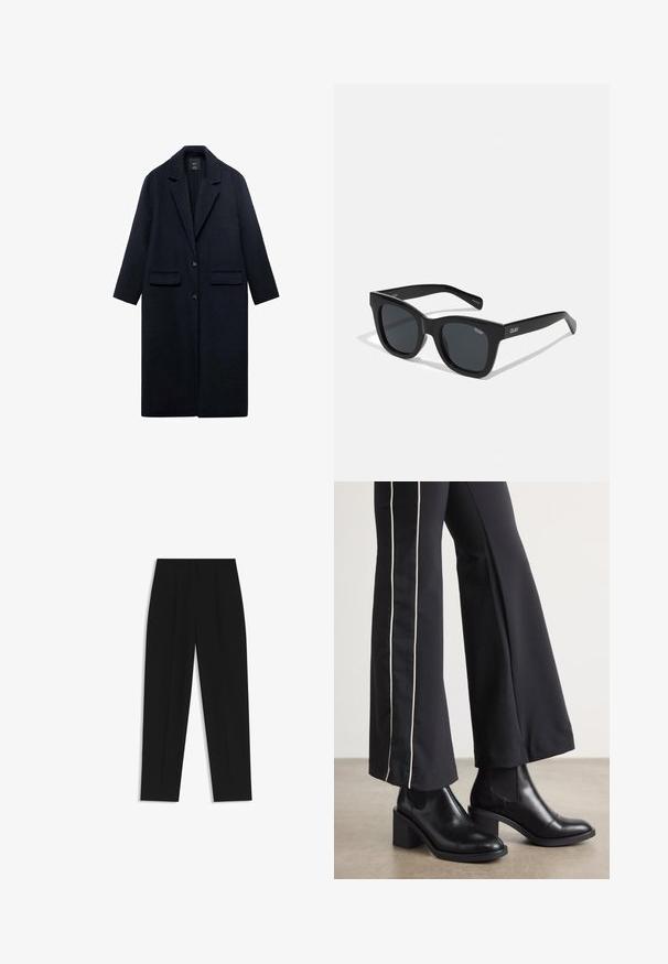 Cappotto di lana navy con colletto a punta, due tasche frontali, chiusura a un bottone e silhouette dritta. Tessuto strutturato con finitura liscia.; Gestuz MANZI ROLLNECK - Maglione - deep graphite; Pantaloni neri a taglio dritto, con doppie pieghe, una texture liscia e un design classico in vita. Nessun hardware o dettaglio visibile.; Stivaletti in pelle nera con tacco a blocco, dotati di pannelli elastici sui lati. Abbinati a pantaloni neri con una striscia bianca laterale.; Occhiali da sole neri rettangolari con una montatura in plastica liscia e lenti scure. Logo "QUAY" di colore bianco sul lato. Design minimalista.