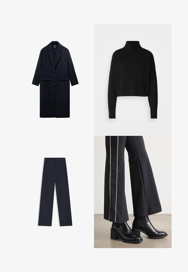 Navy wool coat with a notched collar, two front pockets, single-button closure, and straight silhouette. Textured fabric with smooth finish.; Black cropped sweater, ribbed turtleneck, long sleeves, knitted texture, featuring a small logo on the chest.; Navy wide-leg trousers featuring an elastic waistband, two side pockets, and a smooth, woven texture. No visible patterns or hardware details.; Black leather ankle boots with a block heel, featuring elastic side panels. Paired with black pants that have a white side stripe.