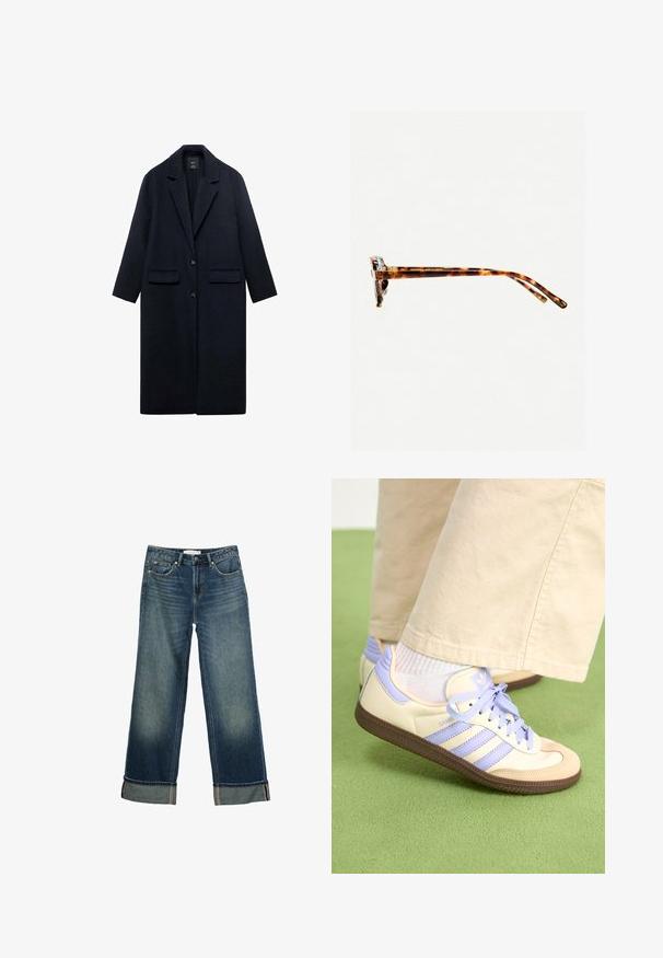 Mørkeblå uldfrakke med notch-krave, to forlommer, enkelt knaplukning og lige silhuet. Tekstureret stof med glat finish.; Hvid bomulds T-shirt med rund halsudskæring, korte ærmer og fitted design. Glat tekstur uden mønstre eller udsmykninger.; Bredde ben blå denim jeans med en falmet finish, fem lomme-design og foldede manchetter med kontrastsyninger. Glat tekstur.; Creme og lavendel sneakers med tre striber og en tekstureret brun sål, der har snørebånd og en polstret hæl. Blødt stof øvre.; Skildpaddemønstret solbriller med en tyk ramme, let buede stænger og glat overflade. Har et klassisk design med en blank finish.; Blå og hvid stribet strikket taske med en rummelig design, der har et bredt håndtag og et struktureret, åbent væv. Inkluderer et mærkelabel.