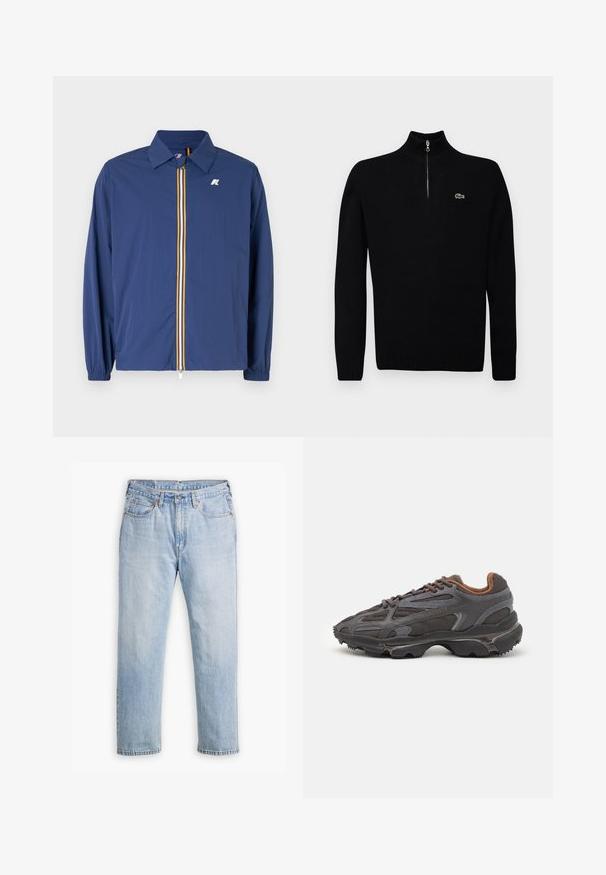 Tamnoplava lagana jakna s okovratnikom, prednjim zatvaračem i višenamjenskim prugama u raznim bojama, te elastičnim manžetama za udoban fit.; Crna lagana džemperica s ovratnikom na zatvarač na polovici, rebrastim manžetama i rubovima, s malim zelenim logotipom na prsima.; Svijetloplave traperice s ravnim nogavicama, pet džepova i kontrastnim šavovima. Dužina gumba i zatvarača na struku.; Lacoste tenisice u tamno sivoj boji s mrežastim i sintetičkim materijalom, s teksturiranom potplatom i smešnim akcentima na ovratniku i brandiranju.