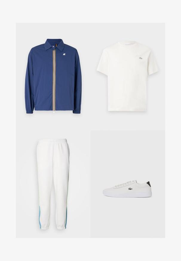 Námornícky modrá ľahká bunda s golierom, predným zipsom a mnohobarevnými prúžkami, a elastickými manžetami pre pohodlné nosenie.; Biela bavlnená tričkovo s krátkymi rukávmi, s jemne vyšitým logom a minimalistickým dizajnom. Mäkká textúra, okrúhly výstrih.; Biele teplákové nohavice s elastickým pásom, so zelenými a modrými bočnými pruhmi. Mäkká tkanina s úzkym strihom na členkoch.; Biele kožené tenisky s okrúhlou špičkou, šnurovaním vpredu a čiernym akcentom na päte. Obsahujú malé vyšívané logo krokodíla na boku.