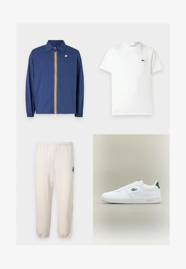 Granatowa lekka kurtka z kołnierzykiem, z przednim zamkiem błyskawicznym, z wielokolorowymi paskami i elastycznymi mankietami dla snugowego dopasowania.; Biała bawełniana koszulka z okrągłym dekoltem, krótkimi rękawami oraz małym zielonym haftowanym logo krokodyla na lewej piersi.; Jasnobeżowe spodnie dresowe wykonane z bawełny, z elastycznym pasem, ściągaczami na nogawkach oraz zielonym logo z motywem liścia na lewym udzie.; Białe skórzane trampki o gładkim wykończeniu, z zielonymi akcentami na pięcie i zielonym logo z boku. Posiadają płaską podeszwę i okrągły czubek.