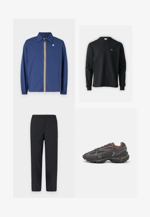 Granatowa lekka kurtka z kołnierzykiem, z przednim zamkiem błyskawicznym, z wielokolorowymi paskami i elastycznymi mankietami dla snugowego dopasowania.; Czarna koszulka z długim rękawem, wykonana z bawełny, z okrągłym dekoltem i małym haftowanym logo krokodyla w kolorze zielonym po lewej stronie klatki piersiowej.; Czarne, lekkie, elastyczne spodnie w talii z tapered nogawkami i minimalną fakturą. Posiadają boczne szwy i małe logo na lewej nogawce.; Sneakers Lacoste w ciemnoszarym kolorze, wykonane z siateczki i materiału syntetycznego, z teksturowaną podeszwą oraz brązowymi akcentami na kołnierzu i logotypie.