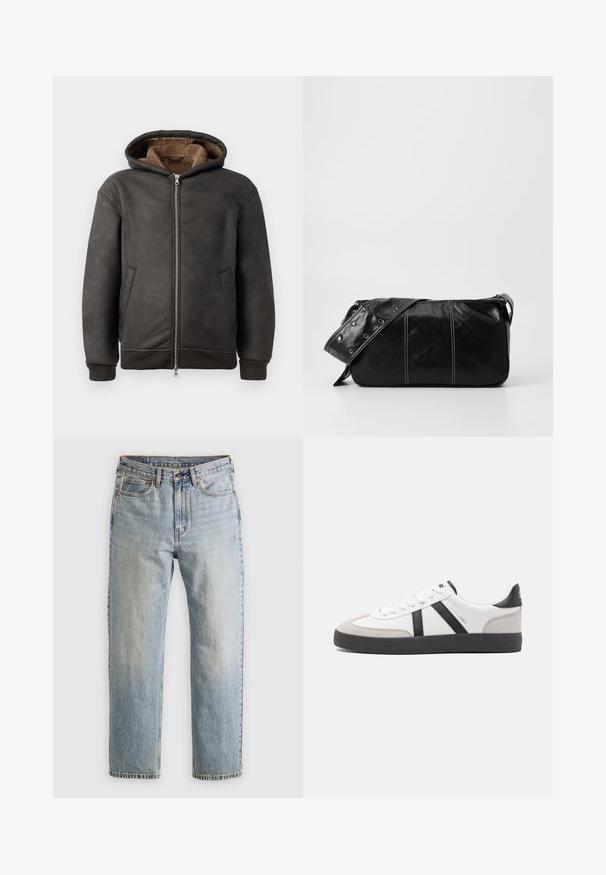 Tmavě šedá vycpaná mikina s kapucí vyrobená z kůže, s předním zipem, dvěma postranními kapsami a měkkou hnědou podšívkou, kapucí a žebrovanými manžetami.; Béžový pulovr s čtvrtzipem ze měkké pleteniny. Obsahuje ribbovaný límec a manžety, má uvolněný střih a bezšvový design.; Svetle modré džíny z denimu s vysokým pasem, předním knoflíkem, zipem a designem s pěti kapsami, ležící rovně na neutrálním pozadí.; Bílé tenisky s černými a šedými akcenty, opatřené texturovaným šedým prstovým krytem, černou gumovou podrážkou a plochými bílými tkaničkami. Čistý design, minimalistický styl.; Černá kožená kabelka přes rameno se zapínáním na zip, s texturovaným tělem, bílým prošíváním a popruhem se stříbrnými očky.