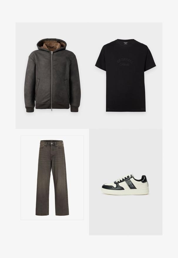 Σκουρό γκρι επενδεδυμένη φούτερ από δέρμα, με κλείσιμο τύπου φερμουάρ, δύο πλευρικές τσέπες και μαλακή καφέ επένδυση, με κουκούλα και πλεκτούς καρπούς.; Μαύρο βαμβακερό μπλουζάκι με κοντό μανίκι και στρογγυλή λαιμόκοψη. Διαθέτει το "ORIGINALS Studio" ανάγλυφο με τον ίδιο τόνο χρώματος στο μπροστινό μέρος.; Πλατιά τζιν παντελόνια σε σκούρο γκρι τζιν, με ψηλή μέση, κλασικό σχέδιο πέντε τσεπών και αντίθετη ραφή κατά μήκος των ραφών.; Δερμάτινα sneakers με μαύρο και κρεμ χρωματικό σχέδιο, με διάτρητες λεπτομέρειες, επενδεδυμένο κολάρο και υφή στη σόλα.