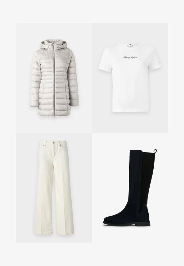 Svetlo siva puffer jakna s horizontalnim šivom, kapuco in sprednjim zadrgo. Gladka tekstura z rahlo sijočo površino.; Bela bombažna majica s kratkimi rokavi in krožnim ovratnikom. Na sredini prsnega dela je črno vezeno logotip "Tommy Hilfiger".; Široke bele kavbojke so narejene iz mešanice bombaža. Imajo zadrgo, pet žepov in šive vzdolž šivov.; Visoki črni semiš škornji z rebrastim elastičnim hrbtnim panelom, zanka za obuvanje, nizka peta in majhen pravokotni logotip blizu gležnja na beli podlagi.