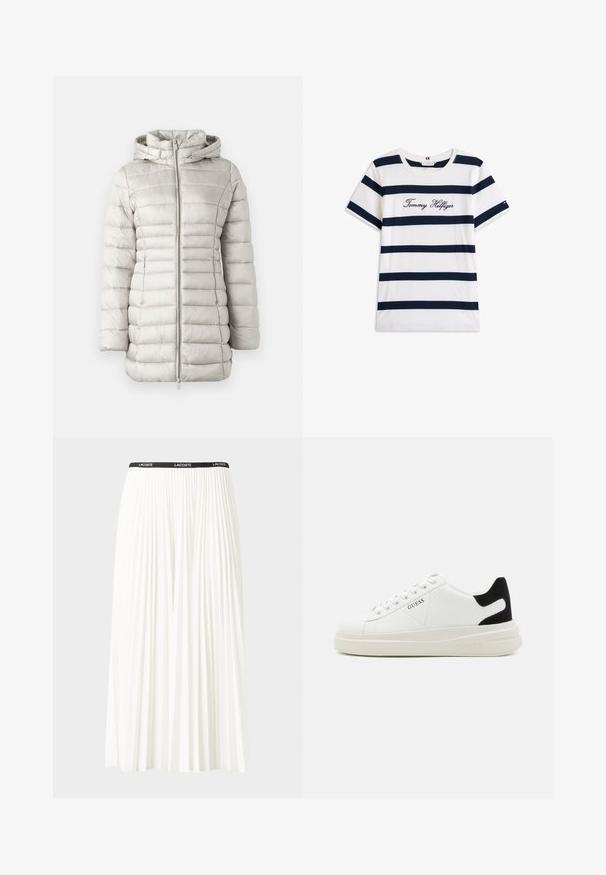 Šviesiai pilkas pūkinis švarkas su horizontaliomis siūlėmis, kapučinu ir priekiniais užtrauktukais. Lygus paviršius su šiek tiek blizgiu apdaila.; Baltos medvilninės marškinėliai su horizontaliomis tamsiai mėlynomis juostelėmis. Ant krūtinės išsiuvinėtas „Tommy Hilfiger“ rašmuo. Apvalus iškirpimas.; Pleated balta sijonas su juodu elastiniu juosmeniu, ant kurio yra "LACOSTE" logotipas. Vidutinio ilgio dizainas su švelnia tekstūra.; Baltos odinės sportbačiai su storu baltu padu, juodu nubuko kulno akcentu ir iškilmingu logotipu šone. Su raišteliais, turinčiais šešis akinius.