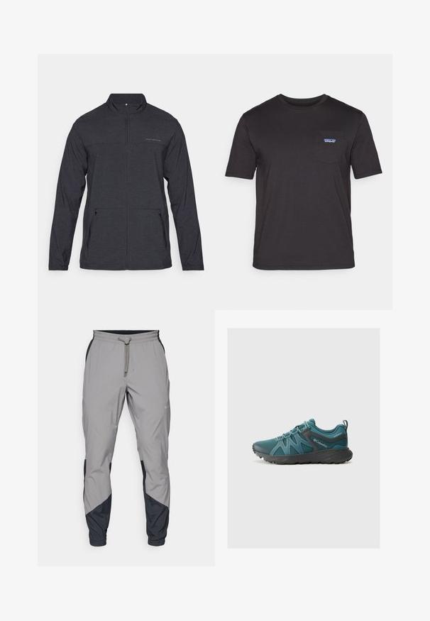 Chaqueta negra de manga larga con cuello con cremallera, dos bolsillos laterales y un sutil logotipo en el pecho. Textura suave y tejido ligero.; Camiseta negra de manga corta hecha de algodón, con un bolsillo en el pecho que presenta un logo azul de Patagonia en el lado izquierdo.; Pantalones deportivos ligeros y grises con acentos negros. Cintura elástica, cierre con cordón, diseño de pierna ajustada y bolsillos laterales.; Columbia PEAKFREAK ROAM - Zapatillas de senderismo - everblue/dark grey