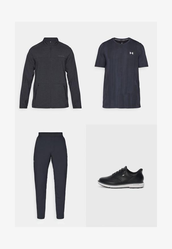 Black, long-sleeve jacket with a zippered collar, two side pockets, and a subtle logo on the chest. Smooth texture, lightweight fabric.; Dark navy short-sleeve t-shirt made of breathable fabric, featuring a textured pattern and a white Under Armour logo on the chest.; Black athletic pants with a smooth texture, slim fit, elastic waistband, and side pockets. Features a small logo on the left thigh.; Black leather lace-up Skechers sneaker with white sole, side logo, and textured grip on sole against plain light background.