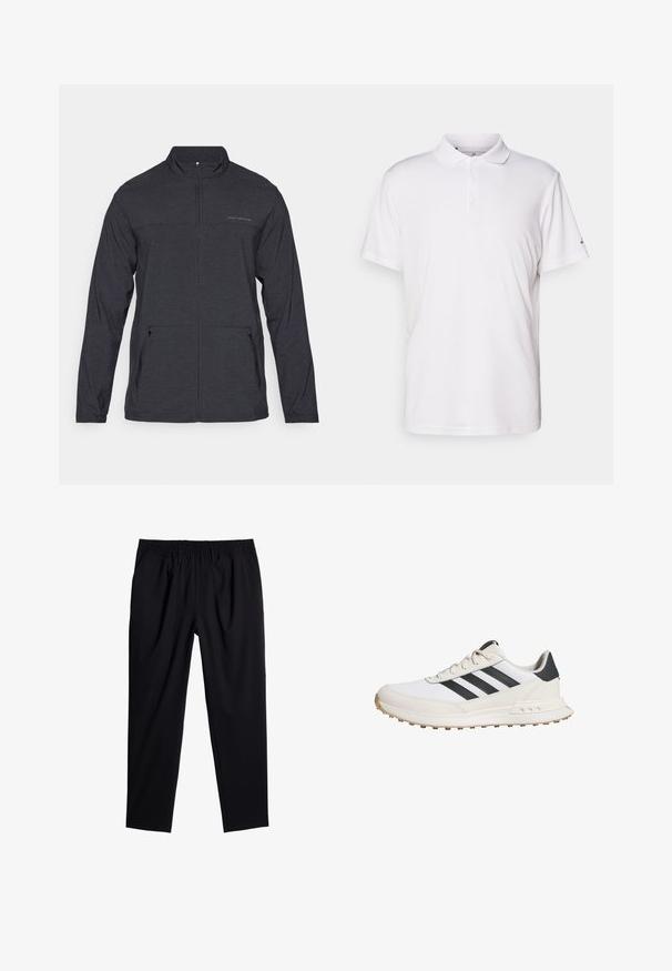 Giacca nera a maniche lunghe con colletto zippato, due tasche laterali e un logo discreto sul petto. Tessuto liscio, materiale leggero.; Polo shirt bianco realizzato in cotone liscio, con colletto classico, chiusura a tre bottoni e maniche corte. Logo del marchio discreto sulla manica.; Pantaloni neri con vita elastica, vestibilità ampia e texture liscia. Presentano gambe affusolate e nessuna tasca visibile o decorazioni.; Scarpe da ginnastica bianche con strisce nere, dotate di una suola in gomma testurizzata, parte superiore in pelle liscia e colletto imbottito per supporto.