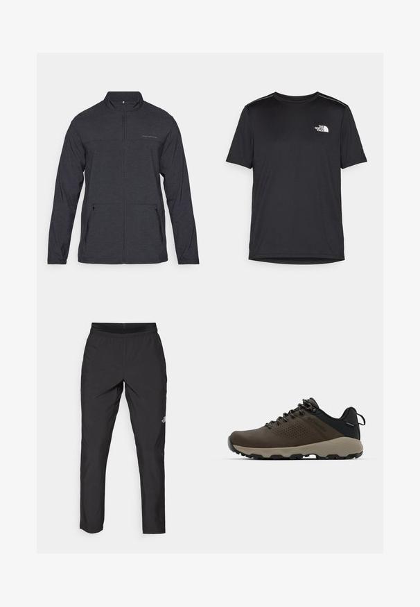 Black, long-sleeve jacket with a zippered collar, two side pockets, and a subtle logo on the chest. Smooth texture, lightweight fabric.; Black short-sleeve T-shirt made from lightweight fabric. Features a small white logo on the left chest and subtle shoulder accents.; Black athletic pants with an elastic waistband, made of lightweight fabric, featuring a small logo on the lower leg and a straight leg design.; Brown waterproof sneakers with a textured upper, perforated accents, black heel support, and a grey rubber sole. Laces are styled with metallic ends.