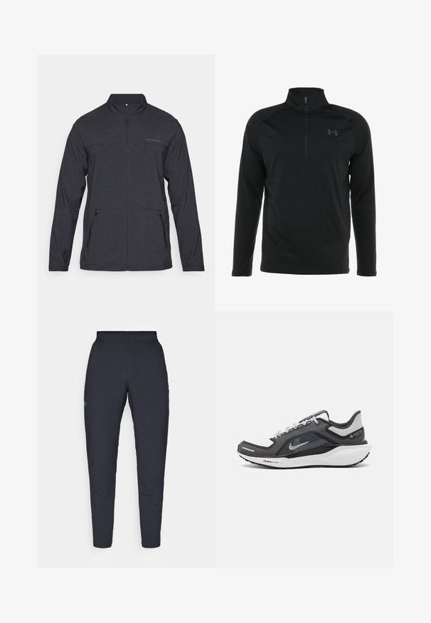 Svart, langermet jakke med glidelåskrage, to sidelommer og en subtil logo på brystet. Glatt tekstur, lett stoff.; Svart langermet genser med halvlukket krage, laget av glatt, elastisk stoff, med en subtil logo på brystet.; Sorte treningbukser med glatt tekstur, smal passform, elastisk midjebånd og sidelommer. Har en liten logo på venstre lår.; Svart og grå atletisk sko med mesh-overdel, refleksdetaljer og hvit mellomsåle. Har strukturert gummisåle og lisser.