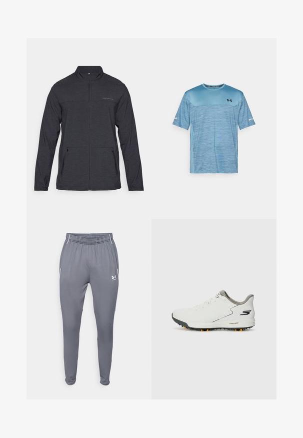 Melns, garo piedurkņu jaciņa ar rāvējslēdzēja apkakli, divām sānu kabatām un smalku logo uz krūšu daļas. Gluda tekstūra, viegla auduma.; Gaiši zila Under Armour īso piedurkņu sporta krekls ar tumšāku augšējo krūšu paneļu un mazu melnu logo kreisajā krūšdaļā.; Pelēki sporta bikses ar elastīgu jostu, sānu kabatām un baltām akcents. Izgatavotas no gludas, vieglas materiāla.; Baltas sporta apavu modelis ar gludu augšpusi, pelēkiem akcentiem un teksturētu melnu zoli, kurā ir oranži uzgaļi. Viegls dizains, kas vērsts uz komfortu.