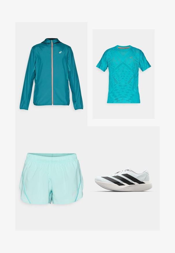 Teal, let vævet jakke med hætte, der har en fuld lynlås med koralfarvet accent, elastiske manchetter og logo på den øverste venstre side.; Turquoise atletisk T-shirt med korte ærmer, der har et struktureret, åndbart mesh-design og reflekterende detaljer på brystet.; Lys turkise sports-shorts med elastisk talje, sidelommer i net og et lille logo på den nederste front. Glat tekstur og afslappet pasform.; Letvægtige løbesko i lys blå med sorte striber. Har en glat overdel, rund tå og tyk hvid mellemsål mærket "LIGHTSTRIKE PRO."
