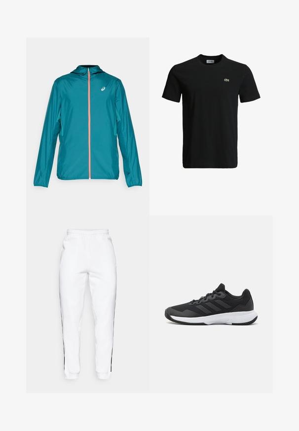 Chaqueta ligera color teal con capucha, que presenta un cierre completo con acento en coral, puños elásticos y logo en la parte superior izquierda.; Camiseta de algodón negra con cuello redondo, mangas cortas y un pequeño logo de cocodrilo verde en el lado izquierdo del pecho. Textura suave, diseño casual.; Pantalones de chándal blancos con cintura elástica, que cuentan con franjas laterales negras y puños. Hechos de un tejido suave con una textura lisa.; Zapatilla deportiva negra con una parte superior texturizada, tres franjas horizontales y una suela blanca con un dibujo en su superficie. Diseño ligero y aerodinámico.