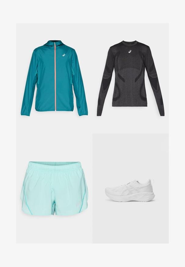 Jachetă teal, ușoară, cu glugă, cu fermoar complet cu accent coral, manșete elastice și logo în partea superioară stângă.; Tricou sportiv cu mâneci lungi, de culoare gri închis, având detalii texturate în gri deschis. Guler tip crew cu logo pe piept.; Pantaloni scurți sport de culoare turcoaz deschis, cu bretele elastice, panouri de plasă pe lateral și un mic logo în partea din față de jos. Textură netedă și croi lejer.; Pantofii atletici albi cu un superior din plasă texturată, amortizare inovatoare, talpă curbată și o bandă de prindere la călcâi pentru a fi ușor de purtat.
