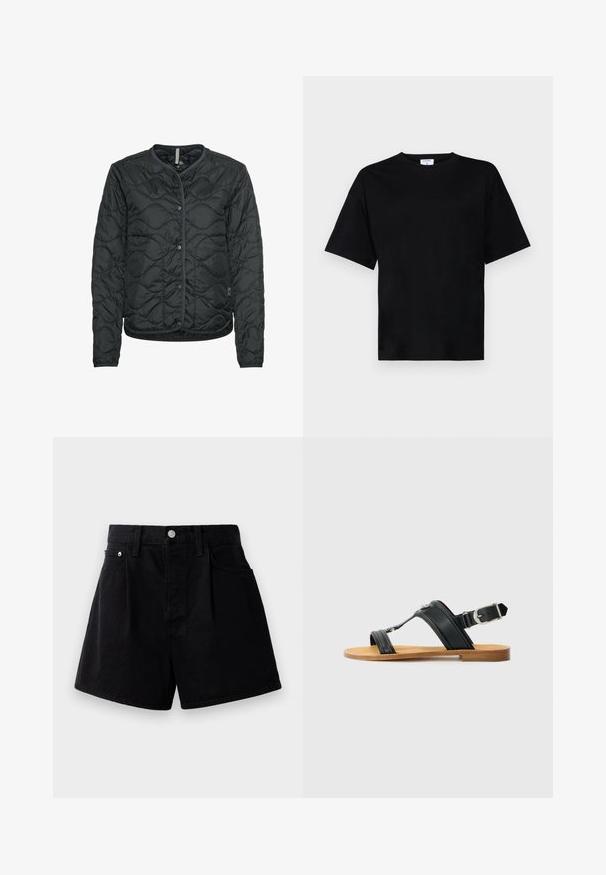 Sort quiltet jakke med rund udskæring, trykknapper og elastisk kant. Har struktureret mønster og lange ærmer lavet af genanvendt materiale.; Sort kortærmet t-shirt i en afslappet pasform, lavet af blødt stof, med rund halsudskæring og uden fremtrædende mønstre eller accenter.; Sorte denimshorts med lige snit, med knaplukning, to forlommer og et blødt, struktureret stof.; Sort lædersandal med justerbar spænde, flad tan sål og to brede stropper, der krydser over foden, minimalistisk design.