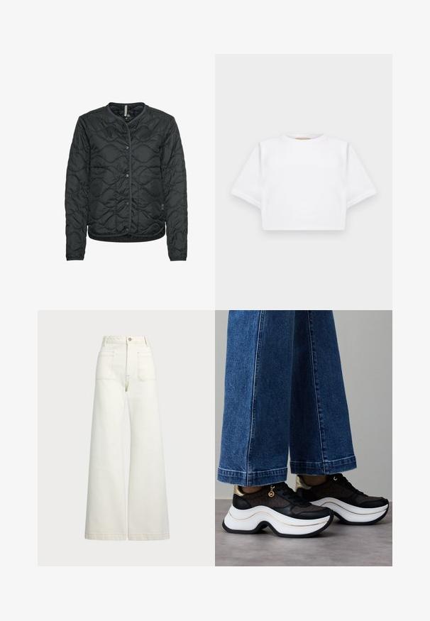 Zwarte gewatteerde jas met een ronde halslijn, drukknoopsluiting en elastische zoom. Bevat een textuurpatroon en lange mouwen gemaakt van gerecycled materiaal.; Gemiddelde witte T-shirt gemaakt van zachte stof, met korte mouwen, een ronde halslijn en geribbelde zoomdetails. Eenvoudig en ongecompliceerd ontwerp.; Wijd-zit jeans van off-white denim. Hooggaande taille met een knoopsluiting, twee voorzakken en contrasterende stikdetails.; Zwart-gouden sneakers met een gebogen witte zool. Gestructureerde stof met logodetails. Gecombineerd met brede blauwe spijkerbroek.