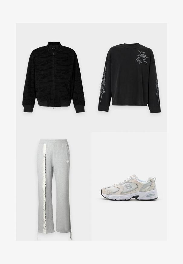 Crna bomber jakna na zip s rebrastim manžetama i rubom, suptilnim teksturiranim uzorkom i bočnim džepovima, prikazana na jednostavnoj pozadini.; Dugmaj crna majica dugih rukava od pamuka, sa bijelim grafičkim dizajnom na lijevoj strani grudi i na obje rukave. Opusti kroj s okruglim izrezom.; Sive hlače od trenirke s teksturiranom bijelom vertikalnom prugom i elastičnim završecima. Imaju logo na struku i bočne džepove.; Atletska obuća s gornjim dijelom od svijetlosivog mrežastog materijala s nijansama antilopa, bijelim vezicama i crnom gumenom potplatom. Značajna ABZORB amortizacija.