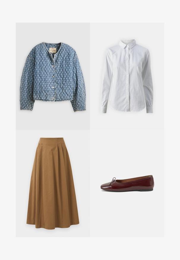 Quiltet denimjakke i lyseblå. Har bølgete mønster, trykknapper og rund halslinning. Myk tekstur med avslappet passform.; Hvit skjorte med knapper laget av glatt bomull, med klassisk krage, lange ermer og buet skjær. Knapper er små og hvite.; Brun bomull A-linje skjørt med høy midje, med folder foran og en jevn tekstur. Kantene er rene og enkle.; Burgunderrød lakk lær ballettleilighet med rund tå, liten sløyfe foran og en lav, svart gummisåle. Glatt tekstur.