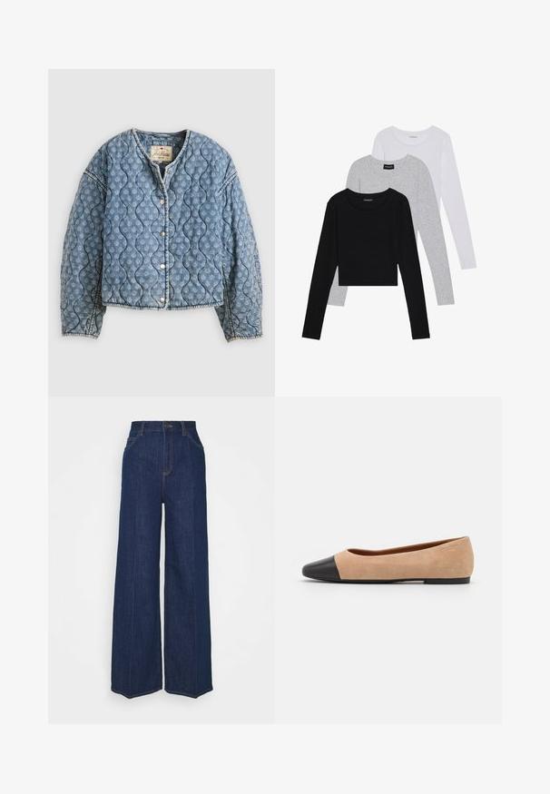 Klāts denima jaka gaiši zilā krāsā. Iespējas viļņota raksta, snap pogas un apaļa apkakle. Mīksta tekstūra ar brīvu piegriezumu.; Trīs garām piedurknēm veidotas augšdaļas, sakrautās: melna, pelēka un balta. Katram ir noapaļots kakla izgriezums un īsa dizaina forma ar gludu, vieglu audumu.; Augstas jostas līmeņa plaša kāju tumši zila džinsu bikses ar priekšējiem un aizmugurējiem kabatām, poga aizdare un redzami šuvju detaļas.; Beigā zamšādas balerīnas ar melnu ādas noapaļotu purngalu, zemu papēdi un gludu tekstūru, ar minimālu dūrienu un tīru dizainu.