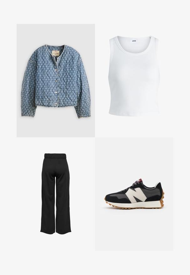 Quilted denim jacket in light blue. Features wavy pattern, snap buttons, and a rounded neckline. Soft texture with a relaxed fit.; White ribbed tank top featuring a round neckline, sleeveless design, and a cropped length. Label reads "JJXX." Smooth fabric texture.; Black, wide-leg pants with an elastic waistband, made from smooth fabric. Features a clean design with no pockets or visible stitching details.; Black and gray suede sneaker with a large cream-colored "N" logo, purple laces, and a textured gum rubber outsole.