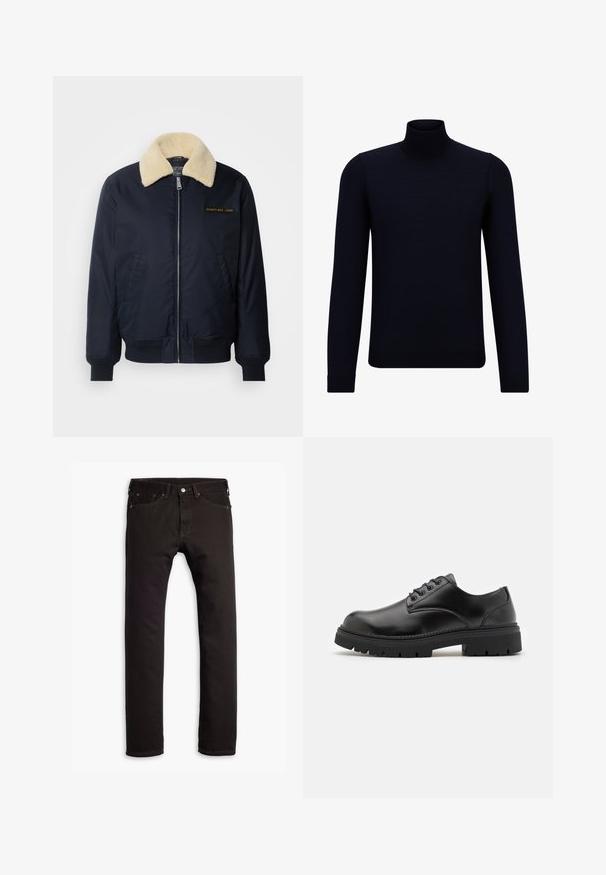 Marine bomberjakke med krave i cremefarvet faux pels, sidelommer, ribbede manchetter, lynlås foran og guld broderet logo på brystet.; Mørkeblå turtleneck sweater lavet af fint strikstof, med lange ærmer og en tætsiddende, høj halsudskæring. Ingen synlige mønstre eller detaljer.; Sorte slim-fit jeans med fem lommer og knaplukning, præsenteret fladt på en hvid baggrund.; Sorte lædersko med rund tå, snørelukning og en tykk, struktureret gummisål. Har syninger langs kanten og en glat overflade.