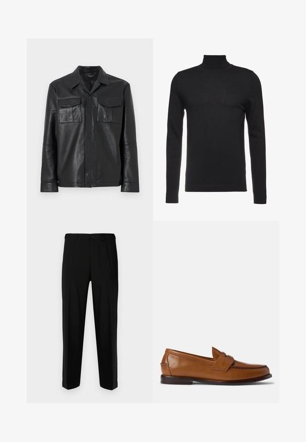 Black leather jacket with a collar, featuring two front pockets with flap closures, smooth texture, and a button-up front design.; Black turtleneck sweater made of soft, ribbed fabric. Fitted design with long sleeves and a high neck. Minimalist style, no visible patterns.; Black trousers made of smooth fabric, featuring a straight cut, two front pockets, and a zip fly with button closure.; Brown leather loafers with a flat sole, rounded toe, and decorative stitching. Features a stitched detail across the top and a smooth finish.