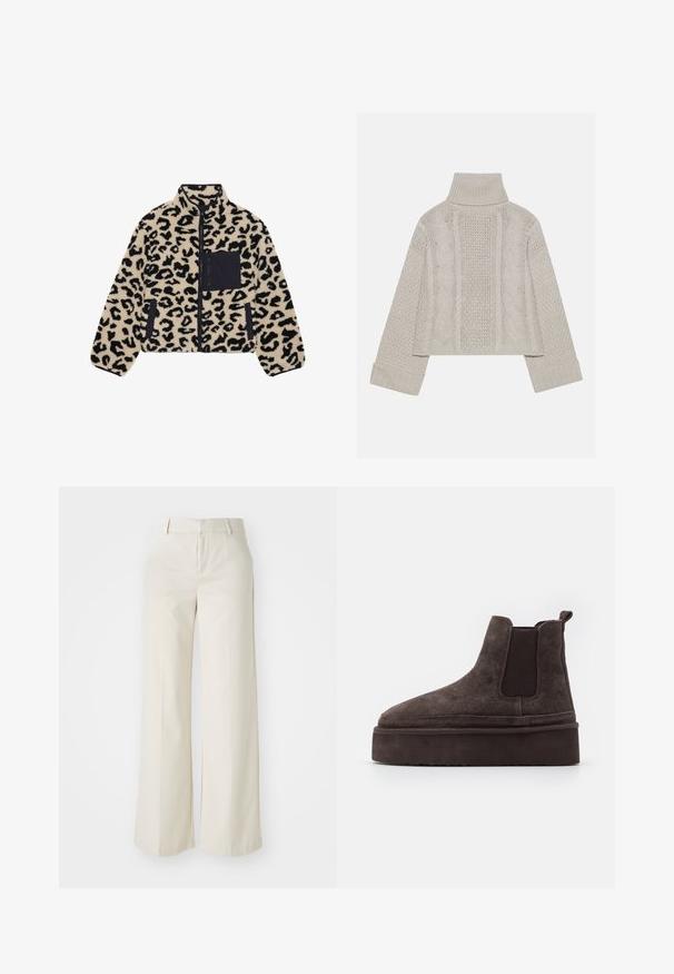 Mikina z fleece s leopardím vzorom v béžovej a čiernej farbe. Obsahuje zips, vysoký golier a čiernu náprsné vrecko. Mäkkučká textura, príležitostný dizajn.; Zastrihnutý svetlý sivý pletený sveter s vysokým golierom a rebrovanými manžetami, so štruktúrovanými káblovými vzormi na chrbte a po stranách.; Široké nohavice svetlej béžovej farby, vyrobené z hladkej textílie. Majú klasický pás a rovný predok s čistými líniami.; Hnedé semišové Chelsea topánky s elastickými bočnými panelmi a hrubou, štruktúrovanou platformou. Obsahujú pútko na päte pre jednoduché obúvanie.