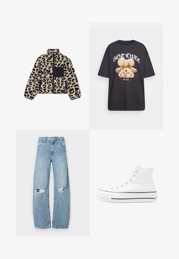 Læderjakke med leopardprint i beige og sort. Har lynlås, høj krave og en sort brystlomme. Blød tekstur, afslappet design.; Sort oversized t-shirt med et grafisk motiv af en bjørn samt teksten "IKKE SØD MEN VILD" i fede, hvide bogstaver. 100% bomulds materiale.; Lysblå, højtraljede jeans lavet af denim. Har brede ben, to huller ved knæene og klassisk fem-lommes stil.; Hvide høje kanvas sneakers med sort gummisål, gummitåhætte foran og seks øjehuller til snørebånd, der har et rent, minimalistisk design.