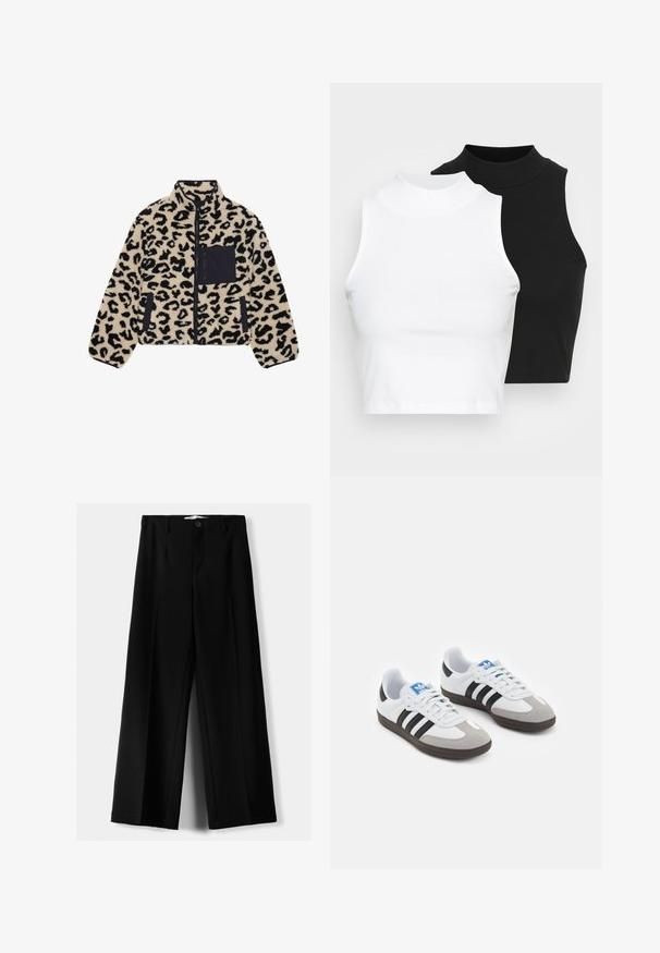 Giacca in pile con stampa leopardata in beige e nero. Presenta una chiusura con zip, colletto alto e una tasca sul petto nera. Texture morbida, design casual.; Due top in maglia senza maniche, a collo alto, in nero e bianco, con un design aderente e una superficie liscia, di lunghezza cropped.; Pantaloni neri a gamba larga realizzati in tessuto leggero, caratterizzati da una chiusura frontale con bottone e frontale piatto, con orli cuciti con precisione.; Scarpe sportive con tomaia in pelle bianca, punta in suede grigia e tre strisce nere. Presentano un logo blu sulla linguetta e una suola in gomma testurizzata.