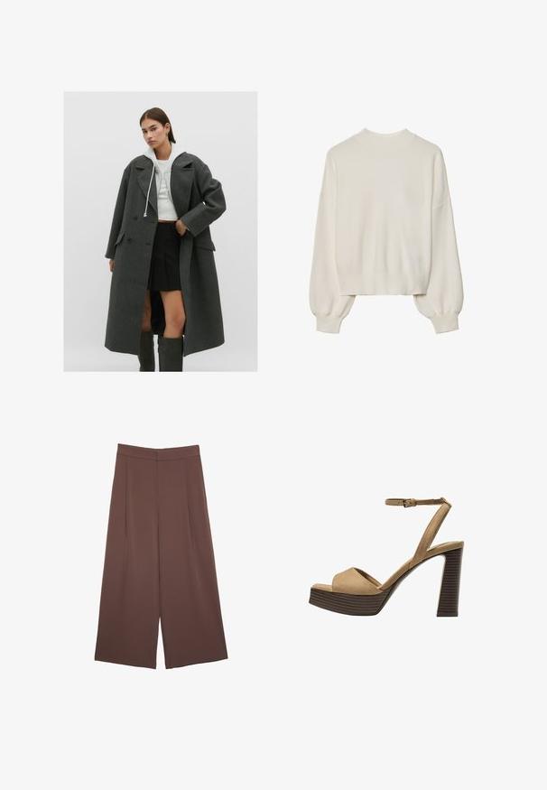 Siv plašč iz volne z dvorednim zapenjanjem, velikimi ovratniki in stranskimi žepi, v kombinaciji s skrajšano belo kapuco in črno nabrano krilo.; Bela pletena sv sweater s visokim ovratnikom, rebrastom teksturom i balon rukavima. Skraćena dužina sa uskim manžetama. Jednostavan, jednobojan dizajn.; Rjave široke hlače z gladko teksturo, ki imajo visok pas in sprednje naborke. Tkanina je lahka in prosto pada.; Bež semiš sandali na visoki peti z širokim sprednjim trakom in trakom okoli gležnja, opremljeni z debelim lesenim blokom peto z teksturirano površino.