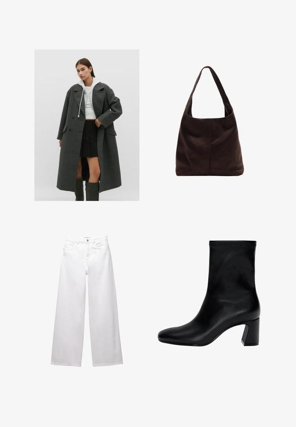 Grauer Wollmantel mit doppelreihigem Design, großen Revers und seitlichen Taschen, kombiniert mit einem verkürzten weißen Hoodie und einem schwarzen gefalteten Rock.; Dunkelblauer gerippter Rollkragenpullover mit einem cropped Design und weiten Ärmeln, der einen umgeschlagenen Kragen und gefaltete Bündchen aufweist. Weicher Stoff.; Weiße weit geschnittene Jeans aus Denim. Mit Knopfverschluss, Vorder- und Gesäßtaschen sowie gesteppten Nähten. Glatte Textur mit minimalen Details.; Schwarzer Knöchelstiefel aus glattem Leder. Mit quadrater Zehenpartie, elastischem Schaft und einem stabilen Blockabsatz. Minimalistisches Design.; Braune Wildleder-Schultertasche mit breitem, flachem Griff. Weiches, unstruktiertes Design mit einer zentralen Naht. Keine sichtbaren Beschläge oder Verzierungen.