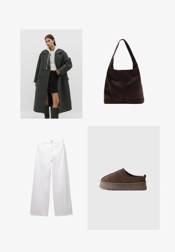 Sivý vlněný kabát s dvouřadým zapínáním, velkými klopami a bočnými vreckami, skombinovaný s krátkou bielou mikinou a čiernou plisovanou sukňou.; Námornícky rebrovaný rolák s krátkym strihom a širokými rukávmi, s rolovaným golierom a prehnutými manžetami. Mäkka textúra.; Biele široké džínsy vyrobené z denimu. Obsahujú zapínanie na gombík, predné a zadné vrecká a prešité švy. Hladká textúra s minimálnym zdobením.; Hnedé semišové papuče na slip-on s hrubou gumovou podrážkou, nízkym zadočkom a prešitím, zobrazené na svetlošedom pozadí.; Hnedá semišová kabelka na rameno so širokým, plochým popruhom. Mäkko tvarovaný dizajn má centrálne švy. Žiadne viditeľné kovanie ani ozdoby.