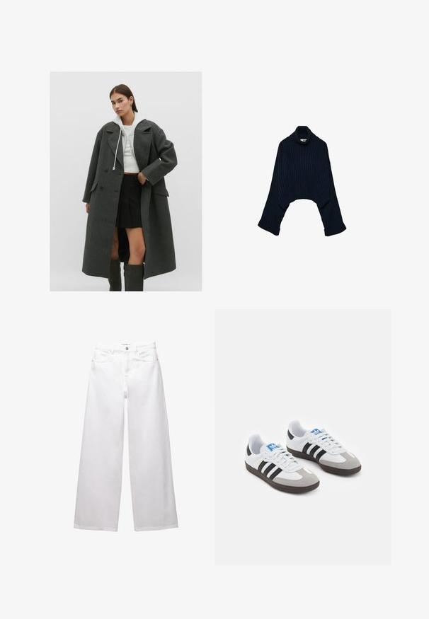 Grauer Wollmantel mit doppelreihigem Design, großen Revers und seitlichen Taschen, kombiniert mit einem verkürzten weißen Hoodie und einem schwarzen gefalteten Rock.; Dunkelblauer gerippter Rollkragenpullover mit einem cropped Design und weiten Ärmeln, der einen umgeschlagenen Kragen und gefaltete Bündchen aufweist. Weicher Stoff.; Weiße weit geschnittene Jeans aus Denim. Mit Knopfverschluss, Vorder- und Gesäßtaschen sowie gesteppten Nähten. Glatte Textur mit minimalen Details.; Sportschuhe mit einem Obermaterial aus weißem Leder, grauer Wildleder-Zehenkappe und drei schwarzen Streifen. Sie verfügen über ein blaues Logo auf der Zunge und eine strukturierte Gummisohle.