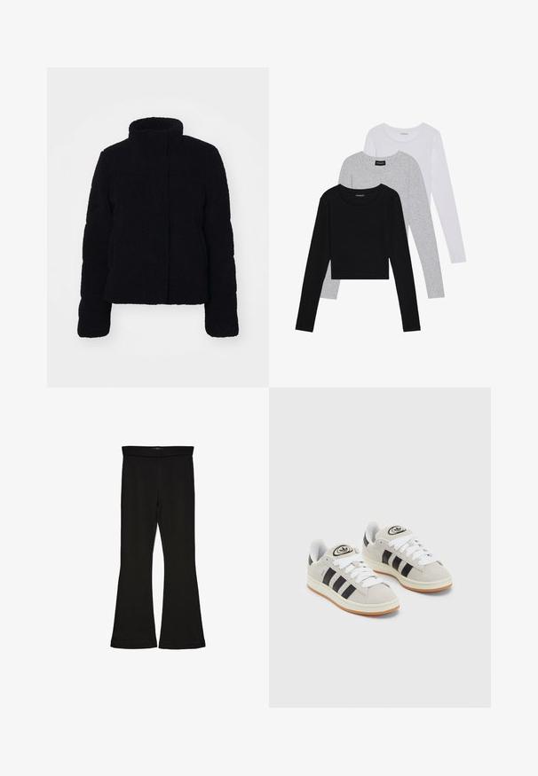 Fekete plüss dzseki magas gallérral, hosszú ujjakkal és dobozszerű siluettel. Puha tapintású és látható záródás nélkül.; Három hosszú ujjú póló egymásra rakva: fekete, szürke és fehér. Mindegyiknek kerek nyaka van, és rövidített fazonnal rendelkezik, sima, könnyű anyagból készült.; Fekete trapéz leggings rugalmas anyagból készült. Széles derékpánttal és sima textúrával rendelkezik, illeszkedő sziluettje van, amely a szegélyen kigyullad.; Szürke velúr sportcipők fehér fűzővel, fekete csíkokkal és fehér gumitalppal. A nyelvén kör alakú logó található, illetve a talpa színes gumi.