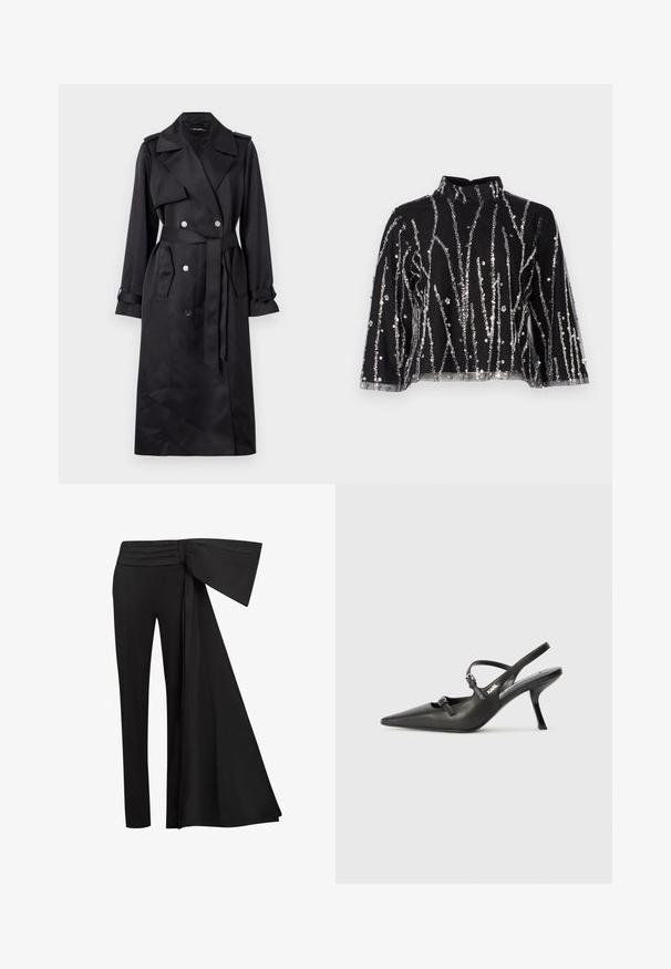 Melnā tranšējo mēteli, kas izgatavots no gludas auduma, ar divrindu priekšpusi un sudraba pogām, jostasvietu, kas ir piesprādzēta, un platām atlokām.; Melna īsā topiņa ar augstu kaklu, kurai ir sudraba mirdzošas vertikālas svītras, caurspīdīgas piedurknes un teksturēta auduma.; Melni bikses ar platu, karājošu jostu vidukļa zonā. Gluda auduma, taisnā kāju griezuma un krokām jostasvietā.; Melnas ādas slingback papēži ar norādītu purngalu, izsmalcinātu papēdi un dekoratīvu sprādzi uz priekšpuses. Gluda tekstūra un elegants dizains.