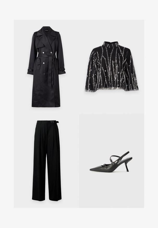 Must must jakk, mis on valmistatud siledast kangast, topeltneppimisega esiosaga, hõbedaste nuppudega, vöökoha ja laiade kraedega.; Mustmust lõhikuga must topp kõrgema kaelusega, millel on hõbedased säbrulised vertikaalsed read, läbipaistvad varrukad ja tekstureeritud kangas.; Mustad kõrge vöökohaga mustad laiad püksid, millel on ees voldid ja vöö, millel on pandla. Valmistatud siledast ja kergest kangast.; Must musta slingback kontsad, terava nina, peenike konts ja dekoratiivne pandla detail peal. Sile tekstuur ja stiilne disain.