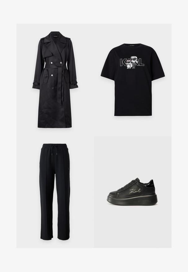 Mustapaartrikkin takki, joka on valmistettu sileästä kankaasta. Takissa on kaksirivinen etuosa hopeanvärisillä nappeilla, vyötäröllä on vyö ja leveät kaulukset.; Musta puuvillapaita, jossa on graafinen printti kahdesta aurinkolasillista sarjakuvahahmosta, ja tekstinä suurilla kirjaimilla "KARL".; Mustat collegehousut rentoa istuvuutta, joustava vyötärö, säädettävä nyöri ja pystysaumat lahkeissa. Pehmeä kangas.; Musta alusta tennarit, joissa on sileä nahka-ystävä, tasaiset nauhat ja kirjailtu "Karl"-logo sivulla. Pyöreä kärki ja paksu pohja.