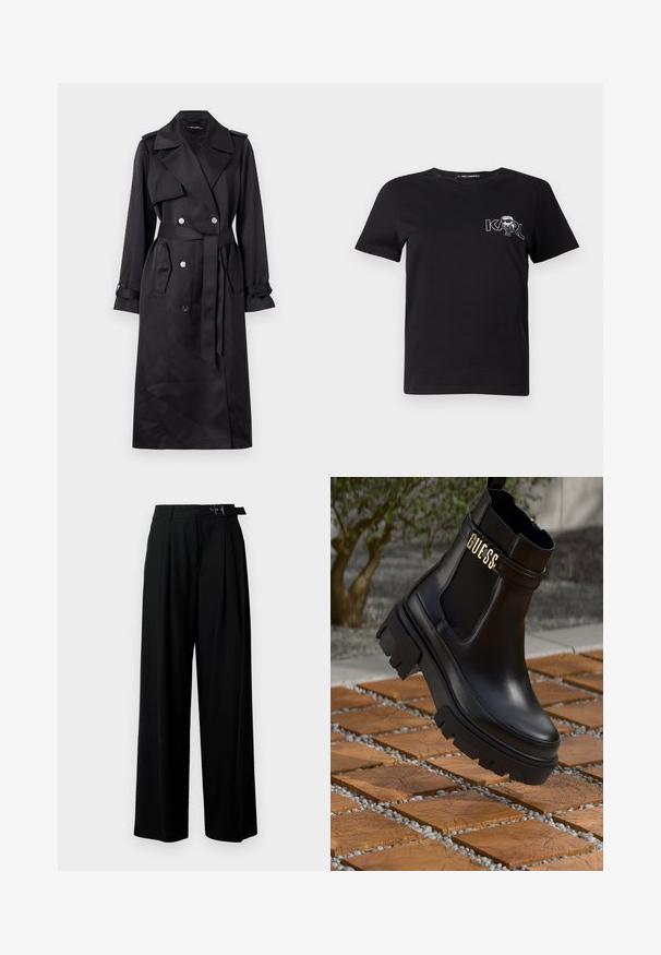 Fekete trench coat sima anyagból, dupla gombolású elülső résszel, ezüst gombokkal, övvel ellátott derékrésszel és széles gallérral.; Fekete, rövid ujjú póló pamutból. Fehér grafikával rendelkezik, amelyen a "KARL" felirat és egy stilizált figura látható a mellkason. Kerek nyakkivágással.; Fekete, bő szárú nadrág magas derékkal, elöl pliszírozva, és csattal ellátott övvel. Simább, könnyű anyagból készült.; Fekete bőr bokacsizma tömzsi gumitalppal, elasztikus oldalsó panelekkel és arany részletként a "GUESS" márkázással.