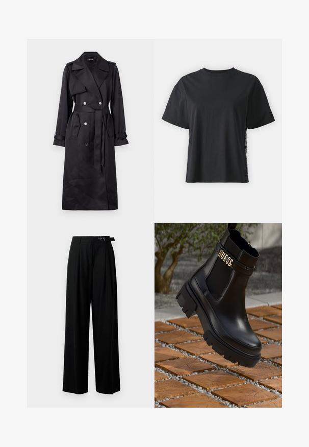 Fekete trench coat sima anyagból, dupla gombolású elülső résszel, ezüst gombokkal, övvel ellátott derékrésszel és széles gallérral.; Fekete, rövid ujjú pamut póló, laza szabású, kontrasztos oldalsó panelekre jellemző kis szöveggel és dizájn részletekkel.; Fekete, bő szárú nadrág magas derékkal, elöl pliszírozva, és csattal ellátott övvel. Simább, könnyű anyagból készült.; Fekete bőr bokacsizma tömzsi gumitalppal, elasztikus oldalsó panelekkel és arany részletként a "GUESS" márkázással.