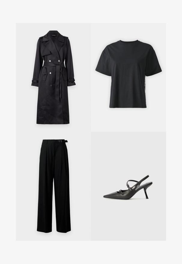 Must must jakk, mis on valmistatud siledast kangast, topeltneppimisega esiosaga, hõbedaste nuppudega, vöökoha ja laiade kraedega.; Must have lühikeste varrukatega puuvillane must T-särk, millel on lõdvestunud lõige ja kontrastne külgpanel, mis sisaldab väikest teksti ja kujunduselemente.; Mustad kõrge vöökohaga mustad laiad püksid, millel on ees voldid ja vöö, millel on pandla. Valmistatud siledast ja kergest kangast.; Must musta slingback kontsad, terava nina, peenike konts ja dekoratiivne pandla detail peal. Sile tekstuur ja stiilne disain.