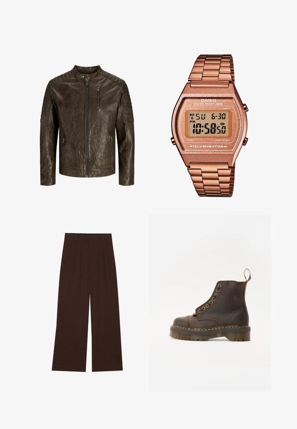 Braune Lederjacke mit Stehkragen, strukturiertem Finish, Reißverschluss vorne und Taschen sowie steppierten Schultern.; Brauner Rollkragenpullover aus weichem Stoff, mit langen Ärmeln, gerippten Bündchen und tailliertem Schnitt ohne sichtbare Muster.; Braune weite Hosen mit Falten. Aus einem glatten Stoff gefertigt, mit einem taillierten Bund und seitlichen Taschen. Flacher Saum am Boden.; Braune Leder-Ankleboots mit runder Spitze, kontrastierenden gelben Nähten, dekorativen Metallösen und rutschfester Gummisohle.; Digitaluhr von Casio mit einem roségoldenen Metallarmband, rechteckigem Gehäuse, beleuchtetem Display und Wasserfestigkeit, zeigt Uhrzeit und Datum an.