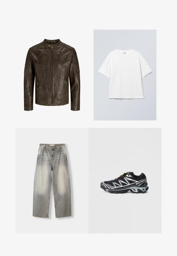 Giacca in pelle marrone con colletto rialzato, finitura strutturata, chiusura con zip sul davanti e tasche, e dettagli trapuntati sulle spalle.; T-shirt bianco in cotone con scollo rotondo e maniche corte. Vestibilità comoda senza motivi o dettagli visibili. Texture morbida.; Jeans a gamba larga in un lavaggio grigio chiaro. Presentano una finitura sbiadita, cinque tasche e una chiusura con bottone. Il materiale è denim morbido.; Scarpa da corsa nera con accenti argento, materiale GORE-TEX, suola testurizzata e lacci colorati. Presenta un tallone imbottito per supporto.