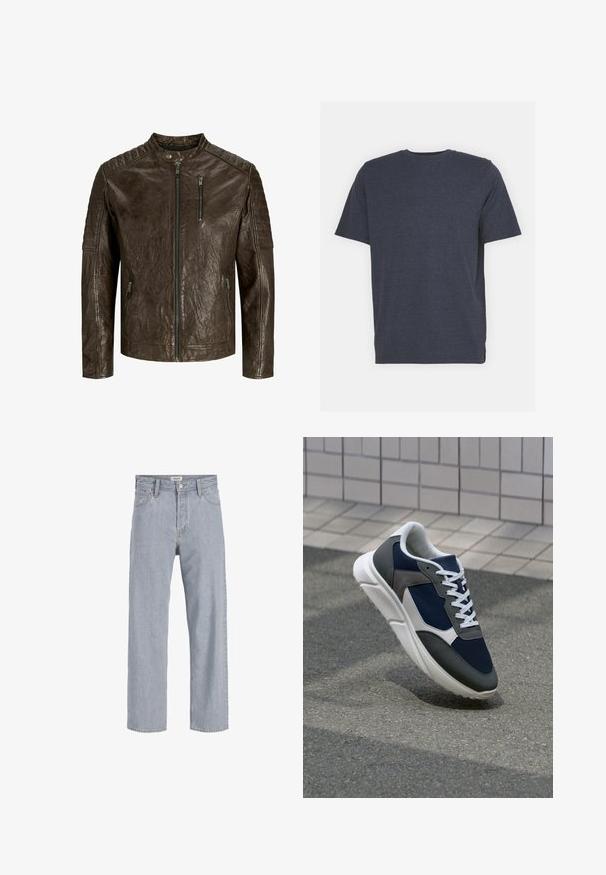 Braune Lederjacke mit Stehkragen, strukturiertem Finish, Reißverschluss vorne und Taschen sowie steppierten Schultern.; Marineblaue Rundhals-T-Shirt aus weichem Baumwollmischgewebe, mit kurzen Ärmeln und normaler Passform. Keine sichtbaren Muster oder Akzente.; Helle blaue Jeans aus Denim mit lockerer Passform, geradem Bein, sichtbaren Nähten, zwei vorderen Taschen und einem Knopfverschluss.; Sneaker mit einem Obermaterial aus navyblauem Mesh, grauen Wildlederelementen, einer weißen Gummisohle und flachen weißen Schnürsenkeln, entworfen für Komfort und Atmungsaktivität.