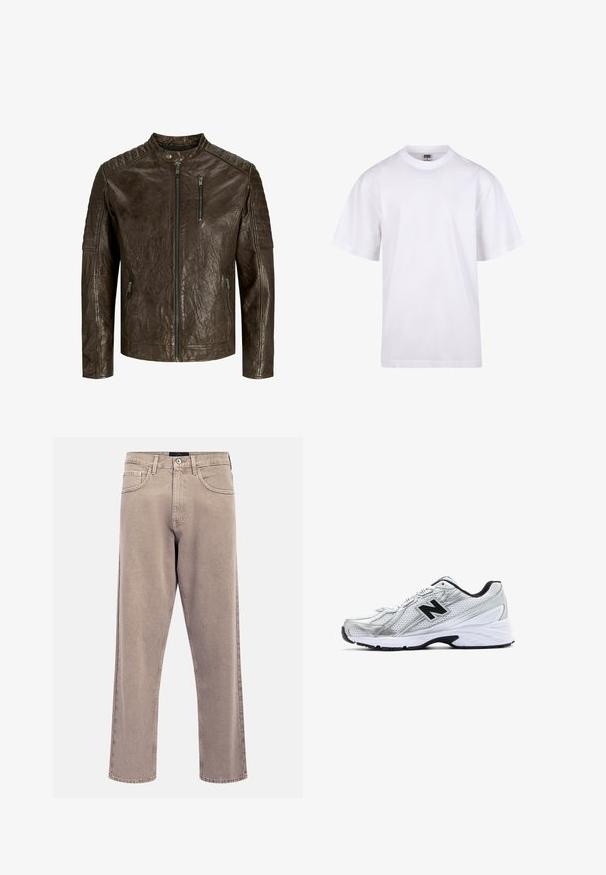 Braune Lederjacke mit Stehkragen, strukturiertem Finish, Reißverschluss vorne und Taschen sowie steppierten Schultern.; Weißes Baumwoll-T-Shirt mit Rundhalsausschnitt, kurzen Ärmeln und lockerer Passform. Hat ein schlichtes Design ohne Muster oder Akzente.; Hellbeige Jeans mit geradem Bein, leicht verwaschener Textur, Fünf-Taschen-Design und Metallknopfverschluss. Auffällige Nahtdetails.; Silberner Sportschuh aus Mesh-Material, mit schwarzen Akzenten, durchbrochenem Design und einer gepolsterten weißen Sohle. Mit einem auffälligen 'N'-Logo.